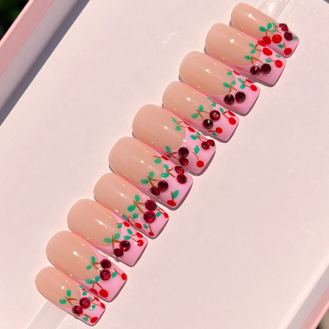 Cherry Swarovski Frenchies Nail set |  Little Nails Custom Press on Nails