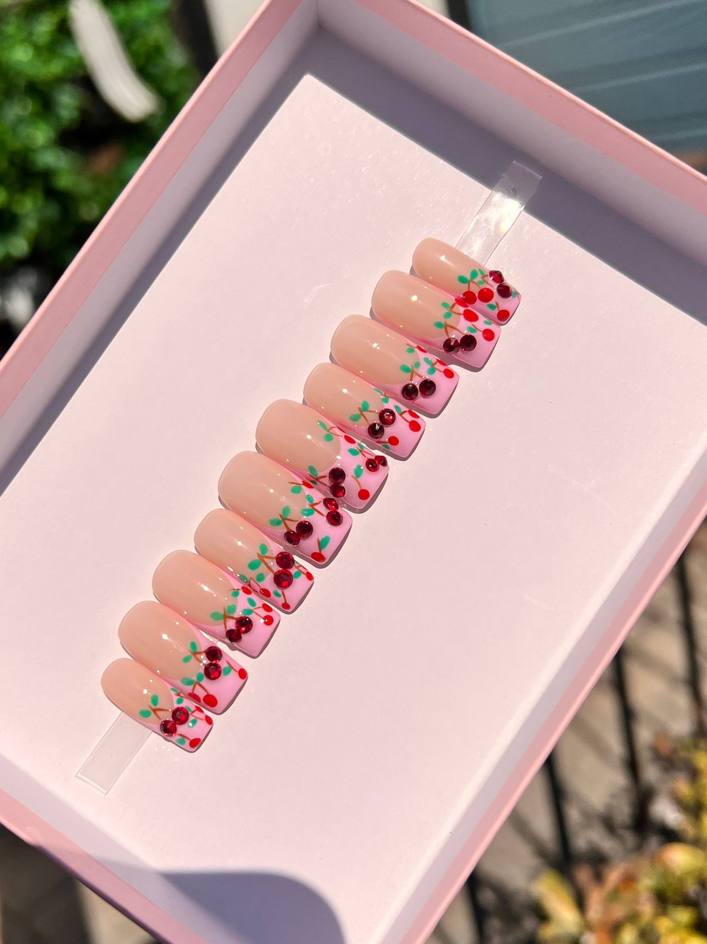 Cherry Swarovski Frenchies Nail set |  Little Nails Custom Press on Nails